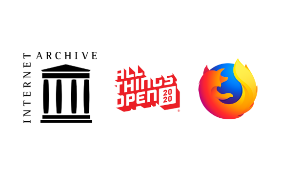 Logos for Systers/AnitaB.org, Firefox, All Things Open 2020, Internet Archive, and MIT Center for Mobile Learning