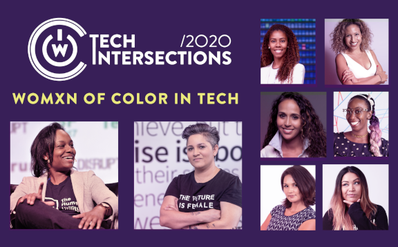 Tech Intersections 2020 banner with subtitle 'womxn of color in tech' and photographs of 8 confident women of color