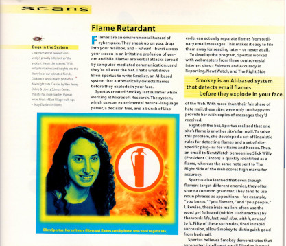 Scan of Wired magazine article with headline 'Flame Retardant' and a photograph of a younger Ellen in front of fire