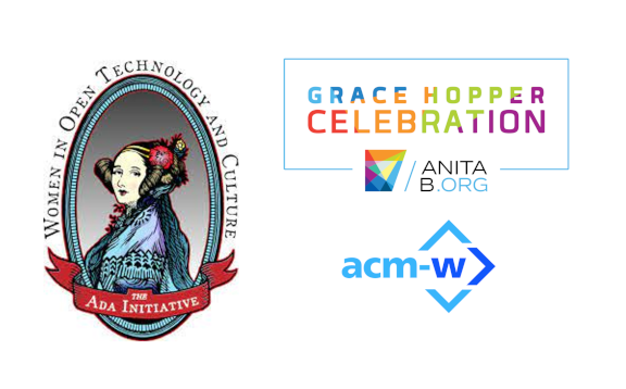 Logos of acm-w (ACM Committee on Women in Computing), Grace Hopper Celebration of Women in Computing, and the Ada Initiative